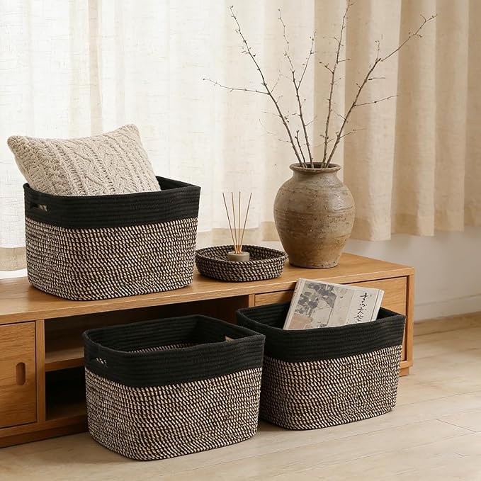 3 Pack Woven Rope Storage Baskets for Shelves,13.5"×11"×9.5" Storage Bins with Handles,Empty Gift Baskets,Nursery Organizer for Toys,Towels,Books,Closet,Living Room,Bedroom (Black&Jute)