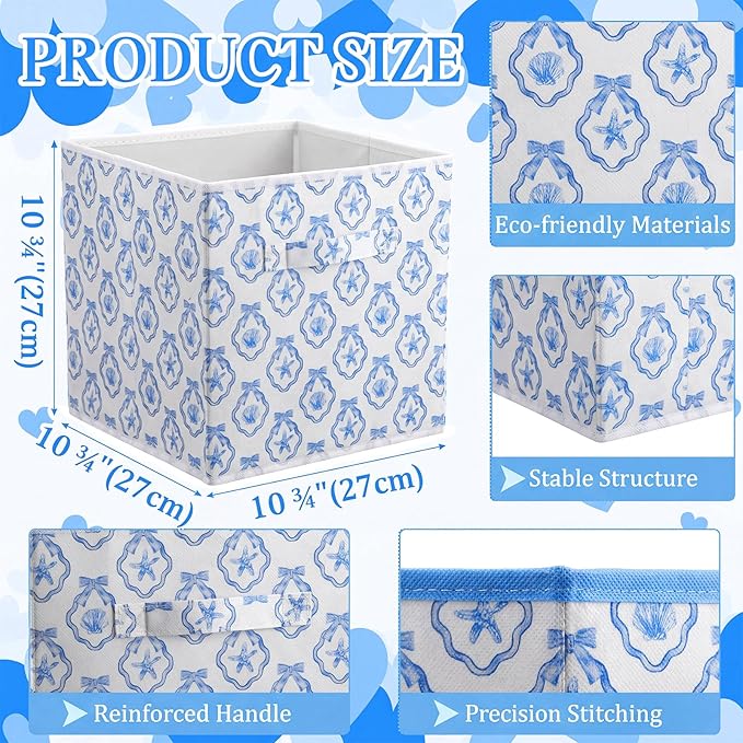 Geelin 6 Pcs Blue Bow Seashell Storage Bins 11 Inch Blue Storage Basket with Handle, Preppy Girls Organizer Basket, Collapsible Fabric Box for Classroom Bedrooms Office Home Decoration Gift