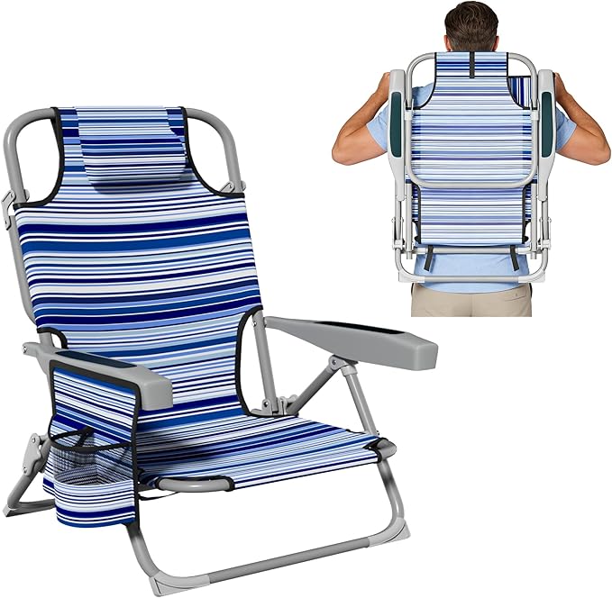 DIAMONDFORGE Lightweight Portable Beach Chair for Adults, 350 LBS Capacity Backpack Beach Chair, Reclining Beach Chair with 5-Position Lay Flat, Large Cup Holder for Beach Camping Sports, 1 Pack Blue