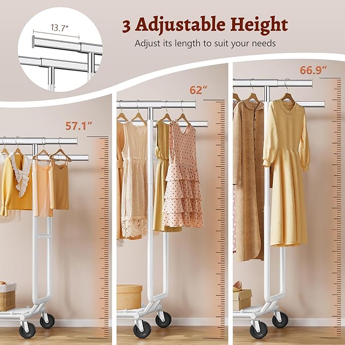 FAVOOSTY Heavy Duty Clothes Rack for Hanging Clothes with Double Rods, Rolling & Extending Clothing Rack with Wheels, Garment Coat Rack Freestanding, Portable, White