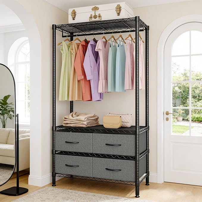 35-Inch Freestanding Garment Rack with Adjustable Shelves and Four Fabric Drawers, Heavy Duty Clothing Organizer for Bedroom, Closet, or Dorm, Black