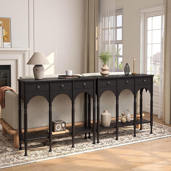 Console Table with 2 Drawers & Shelf, 40" Mid-Century Modern Entryway Table, Retro 2-Tier Sofa Table, Wooden Accent Table for Living Room, Hallway, Brown