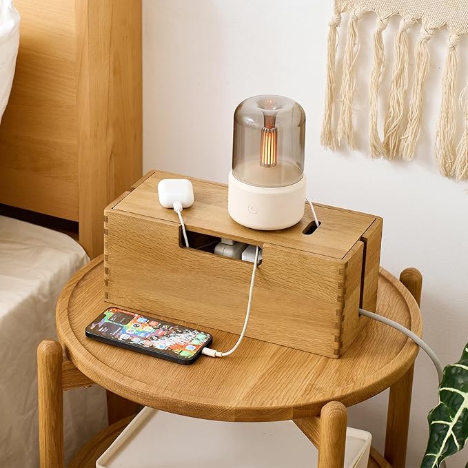Oak Wood Cable Management Box - Large Cord Hider & Organizer with Magnetic Lid for Desk & Floor Cables in Home Office, Living Room, Bedroom (Natural)