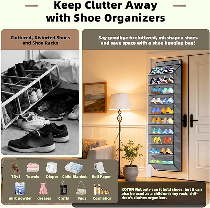 PAULONE 10-Pocket Multi-Use Over the Door Organizer, Heavy Duty 95lbs Capacity with Breathable Mesh, Versatile Hanging Storage for Shoes, Toys, Office Supplies-Classic (Slate Grey, 10-Shelf,)