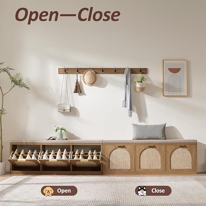 Rattan Narrow Entryway Bench with Shoe Storage, 3 Flip Drawers & Coat Rack, Mid-Century Modern Wood Shoe Cabinet with Seat Cushion for Foyer/Hallway (Rustic Oak Rattan)