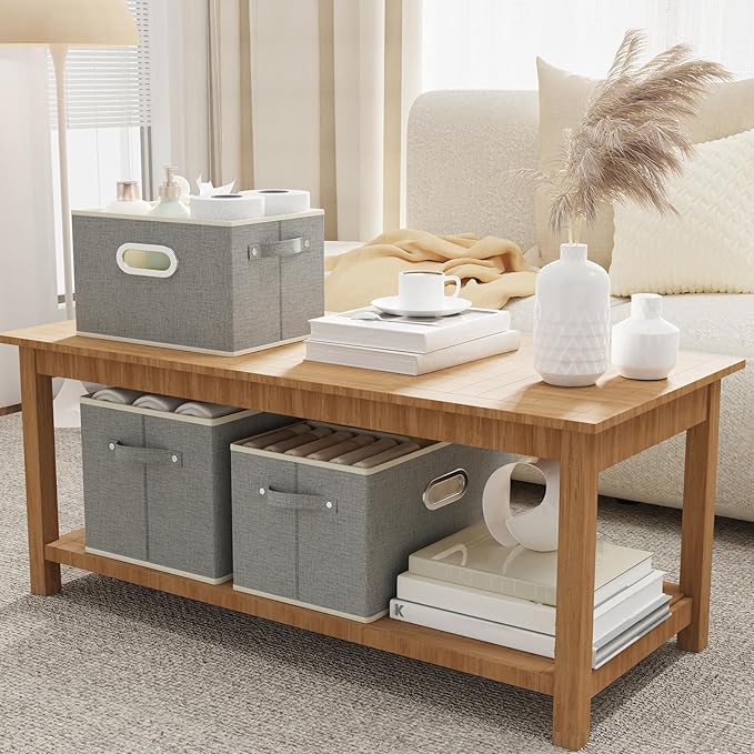 Fabric Open Storage Bins with Metal Handles, Collapsible Organizer Baskets, Foldable Cube Boxes for Shelves, Closet, Living Room, 15x9.8x9.8in, Grey, 2 Pack