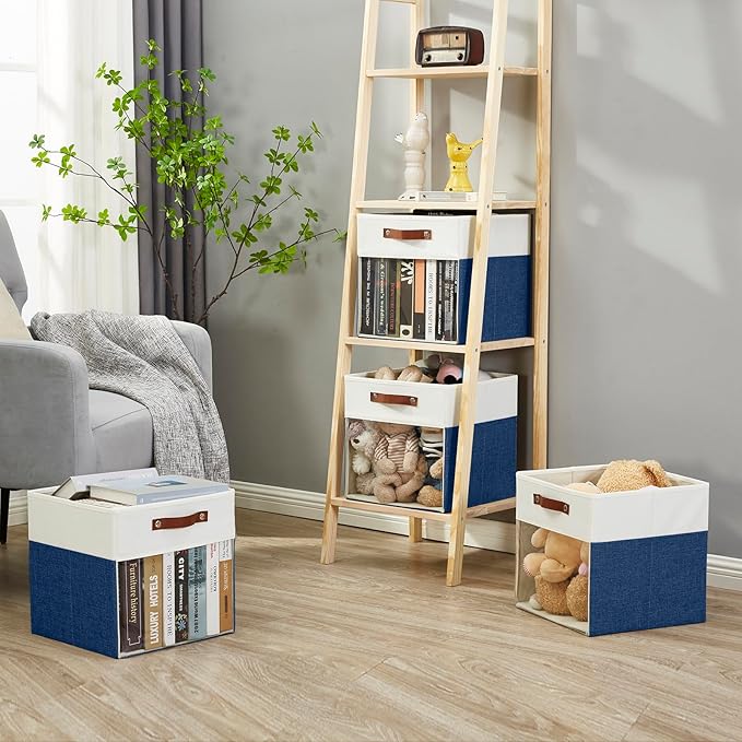 Bagnizer Storage Cubes, 4 Pack Linen Foldable Storage Bins with Clear Window and 2 Handles, 13x15x13 Storage Cube Bins for Shelf Closet, Kallax, Clothes, Books - (Navy Blue / Off-White)