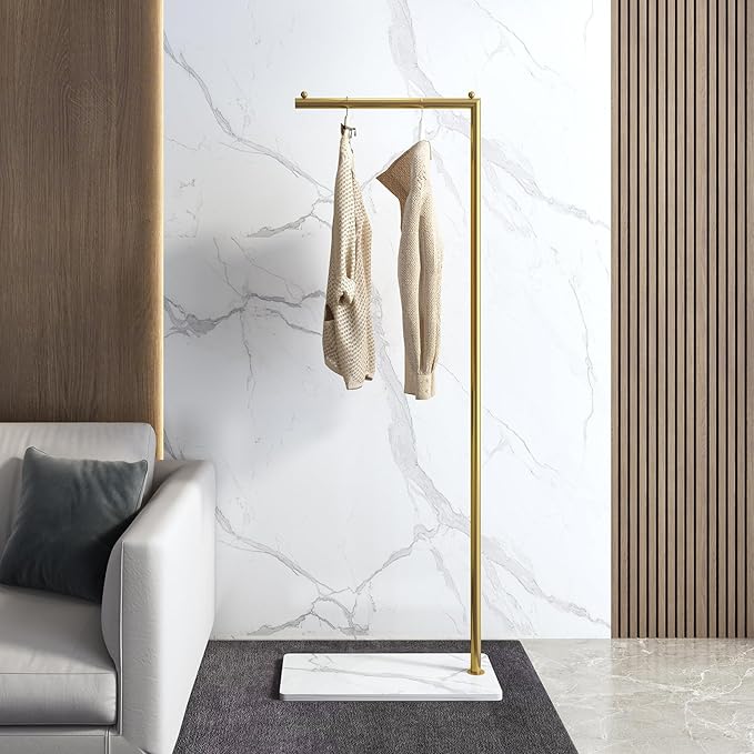 Gold clothing rack with Marble Base,Modern clothes racks for hanging clothes,7-shaped coat rack Freestanding Small garment rack Clothes Hanging Rack for Small Space,Bedroom or cloakrooms