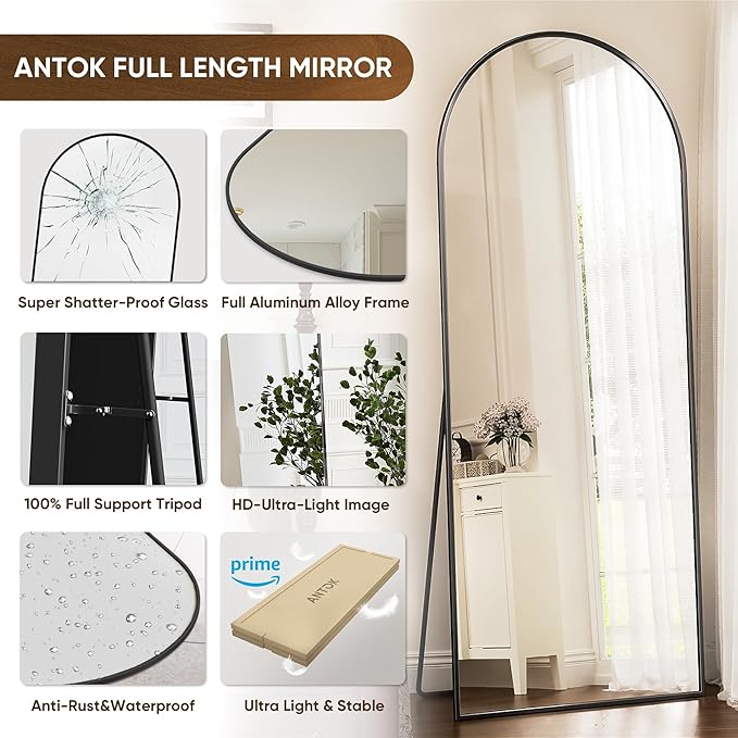 Antok Arched Full Length Mirror, 71"x28" Black Metal Frame Floor Mirror for Bedroom Living Room, Freestanding/Wall Mount/Leaning