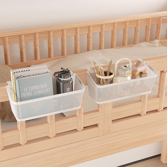 2 Pack Bedside Caddy Organizer, White Metal Hanging Storage Baskets for Bed Rail and Headboard, Bunk Bed Shelves, College Dorm Room Essentials, Holds Phones, Books, Tablets and Bottles (Extra Large)