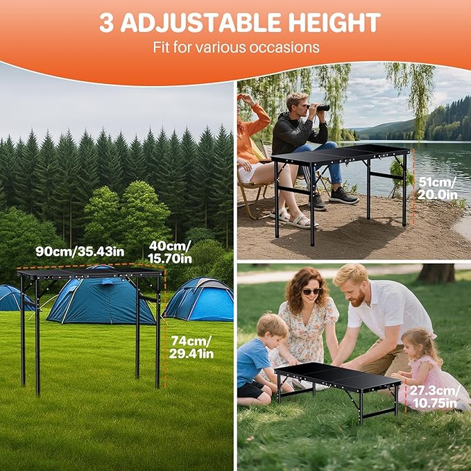 FUNYKICH 3ft Camping Folding Table with 3 Height(35.4'' Lx15.7'' W), Max Height 29.4'' Portable Small Outdoor Tables, Lightweight Beach Table with Carry Handle for Camping, Backyard, Picnic, Handcraft