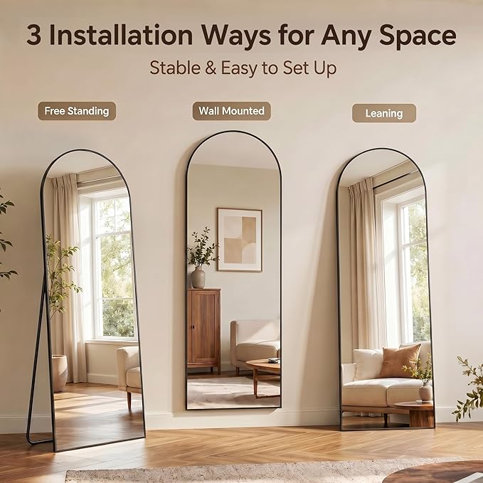 Antok Full Length Mirror, 59"x18.1" Floor Mirror with Stand, Hanging Mounted Mirrors for Bedroom, Living Room, Cloakroom, Dining Room, Black, Arched