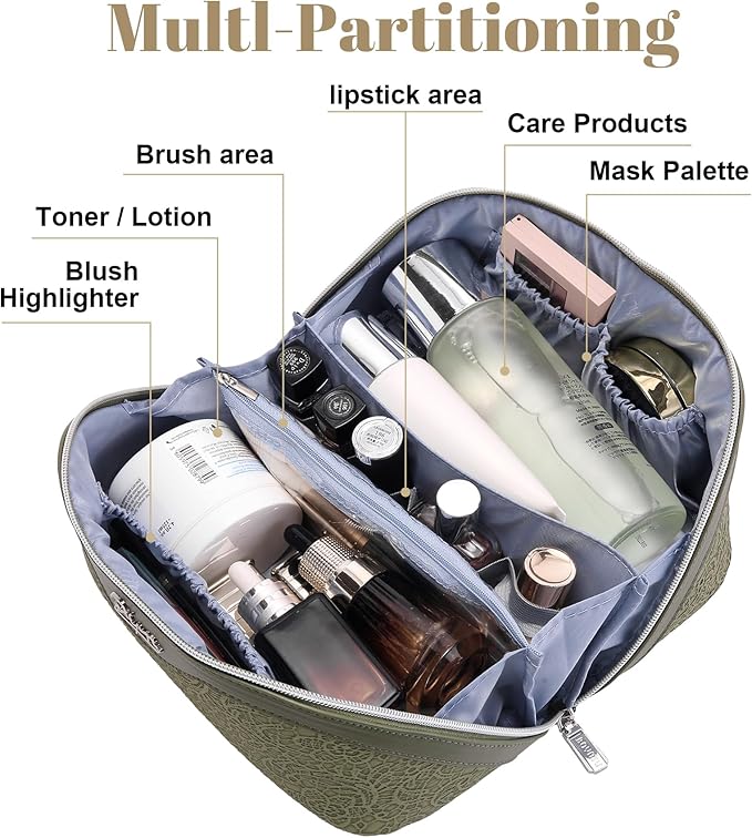 BOYATU Travel Makeup Bags Cosmetic Organizer Bag: 3 Pcs Set Large Capacity Make up Bag with Compartments - Waterproof Leather Toiletry Bags with Handle for Women (A-Green)