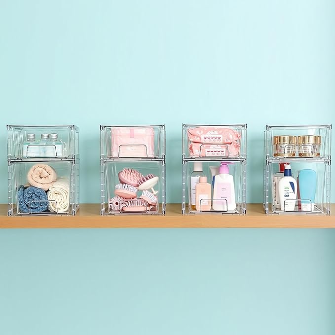 Clear Stackable Acrylic Storage Drawers(2 Pack), Plastic Organizer Bins with Handles, Easy Assembly for Bathroom Kitchen Pantry Cabinet Under Sink Snack Home Storage Solutions