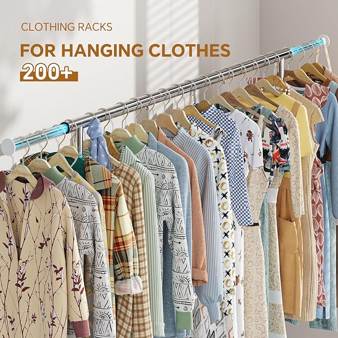 Simple Trending Heavy Duty Clothes Rack, Garment Rack with Extendable Side Rods & Botton Shelves, 25mm Metal Clothing Rack with Wheels, Bedroom, Laundry Room, Silver