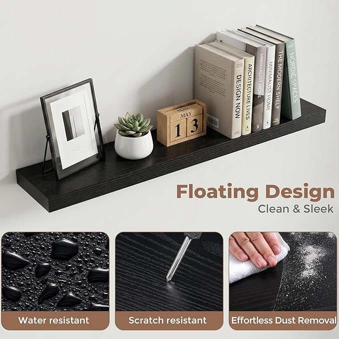 Venusmiles Floating Shelves for Wall, 36 Inch Floating Shelves Set of 2, 6.5" D Wooden Wall Mounted Display Shelves with Invisible Brackets for Living Room, Bedroom, Bathroom, Kitchen Decor, Black