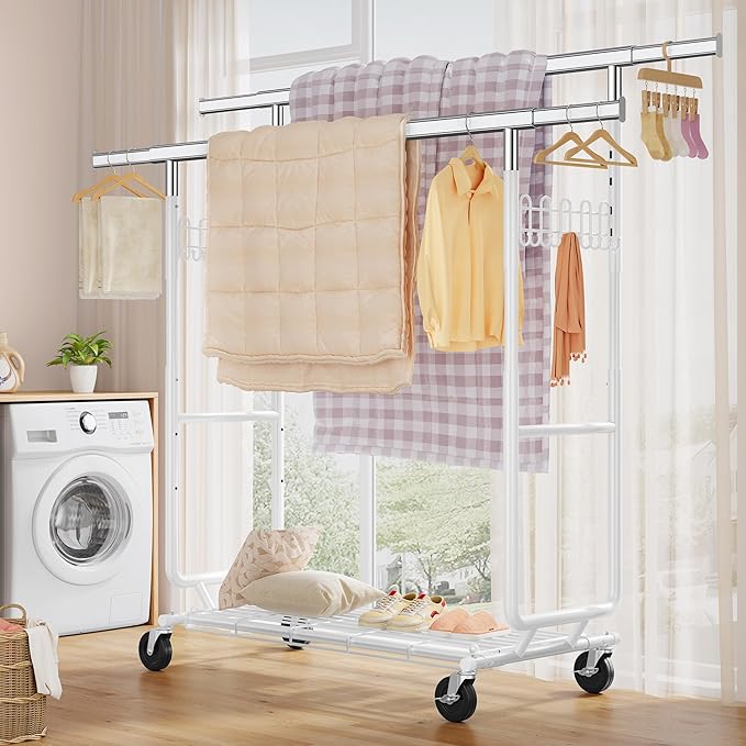 FAVOOSTY Heavy Duty Clothes Rack for Hanging Clothes with Double Rods, Rolling & Extending Clothing Rack with Wheels, Garment Coat Rack Freestanding, Portable, White