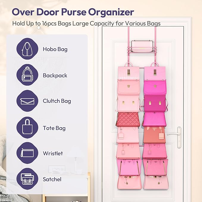 SWTYMIKI Over The Door Purse Organizer - Wall Mounted Handbag Organizer with 16 Hooks and Metal Basket, Hanging Purse Storage Rack Holds up to 16 Bags, Bag Rack Can Use As 1/2 Part, for Door, Closet