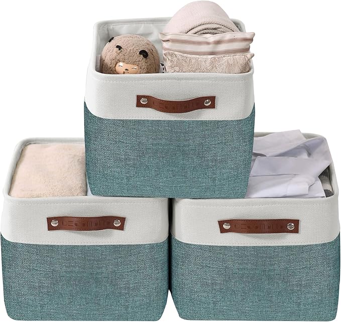 DECOMOMO Storage Bins, Large Fabric Storage Baskets for Shelves, Decorative Linen Closet Organizer, 15 x 11 x 9.5 inches (Green & White, 3 Pack)