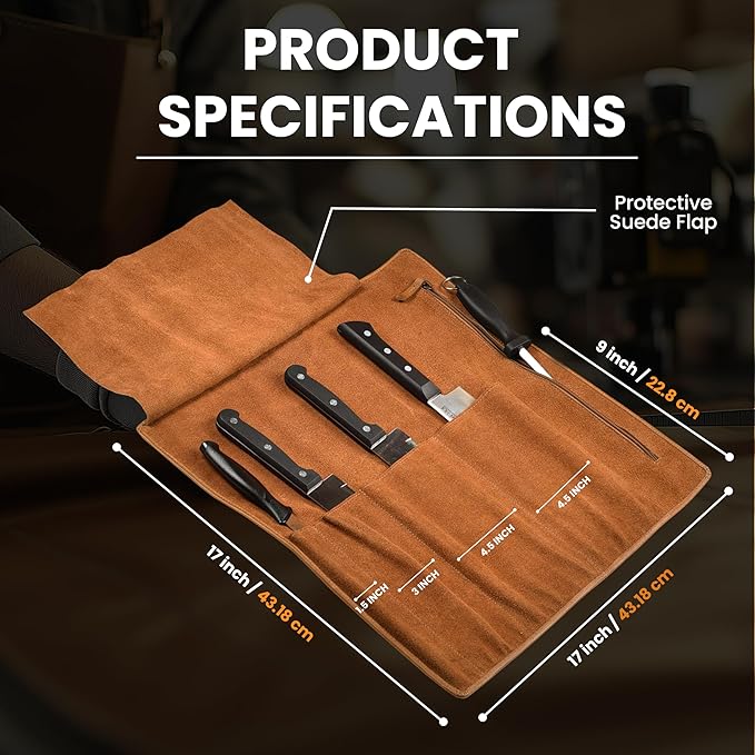 LEATHER VILLAGE Genuine Leather Knife Roll Bag – Professional Chef Carrying Case, Durable Sheath Holder, Cooks & Culinary Tools Organizer, Portable Travel Storage with 4 Slots & Zipper - Tan