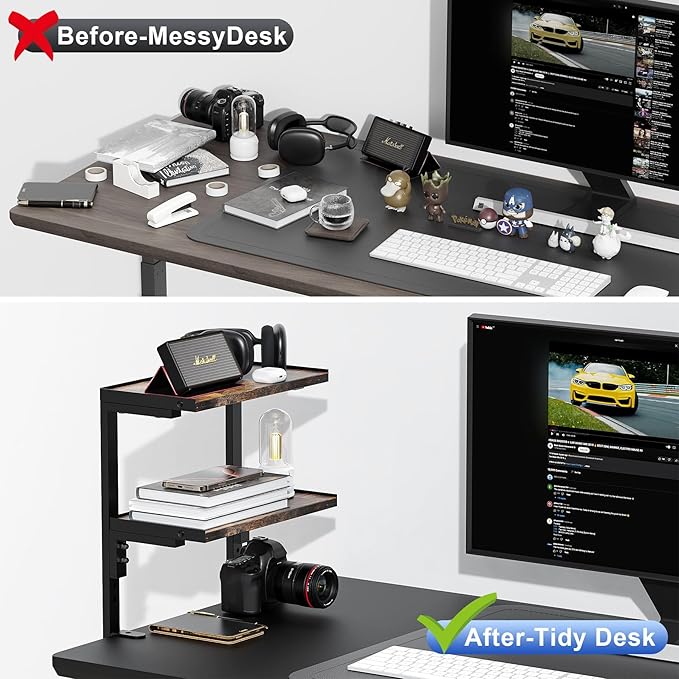 2-Tier Desk Shelf, Expandable Under Desk Storage, Clamp on Desk Shelf, Desktop Accessories for Offices, Study Rooms, and Game Rooms (Wood)