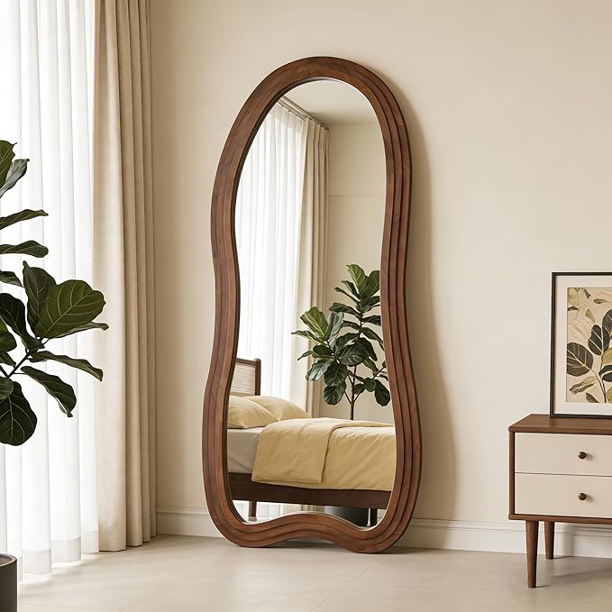 Large Irregular Floor Mirror, 67"x31.5" Asymmetrical Full Length Mirror with Triple Layer Solid Wood Frame, Organic Shaped Mirrors for Living Room Entryway Hallway Bedroom, Leaning/Hanging