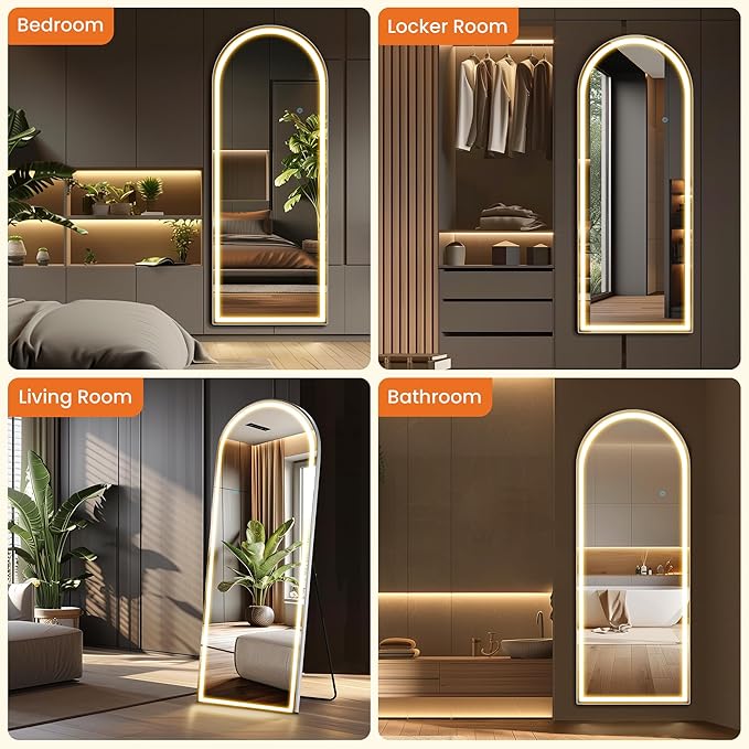 NEWBULIG 71"x26" Arched Full Length Mirror with Light, 3 Color Lighting Full Body Floor Mirror with Aluminum Alloy Thin Frame, Wall or Standing Mirror for Bedroom, Living Room, Dressing Room, White