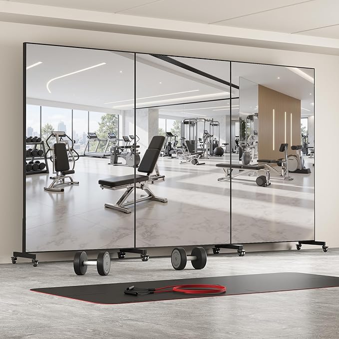 Suidia 72"x40" Extra Large Full Length Mirror on Wheels, 360° Swivel Rolling Mirror Floor, HD Tempered Glass Full Body Standing Mirrors for Home Gym, Yoga, Dance Studio, Bedroom, Rectangular, Black
