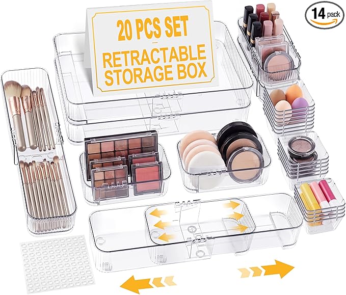 Aneco 20 Pieces Extendable Clear Drawer Organizer Adjustable Vanity Storage Box 4-Size Desk Drawer Divider Acrylic Storage Bins for Makeup, Cosmetic, Jewelries, Bedroom Kitchen Utensils Gadgets