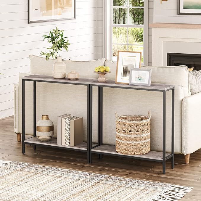 HOOBRO 29.5" L Narrow Console Table, Sofa Table Behind Couch with 2-Tier Storage Display Shelves, 8.7" D Small Entryway Table for Hallway, Foyer, Living Room, Bedroom, Greige and Black BG22XG01