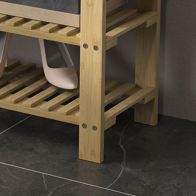 HOMCOM Bamboo Shoe Bench, 3-Tier Entryway Bench with Storage and Cushion, Shoe Organizer for Entryway, Hallway, Holds Up to 331 lbs, 35.4 x 11.4 x 19.3 Inches, Natural