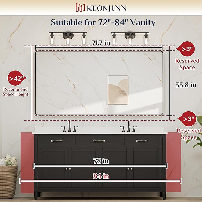 Keonjinn Black Bathroom Mirror for Over Sink, 72 x 36 Inch Large Rounded Rectangle Bathroom Vanity Mirror, Matte Black Sandblasted Finish, HD Tempered Glass, Seamless Metal Frame(Horizontal/Vertical)