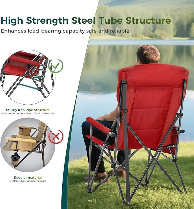 ALPHA CAMP Oversized Folding Camping Chairs for Adults High Backrest Heavy Duty Lawn Chairs Support 500 LBS Portable Camp Chairs with Cup Holders Large Side Pocket Outdoor Chair 2 Pack