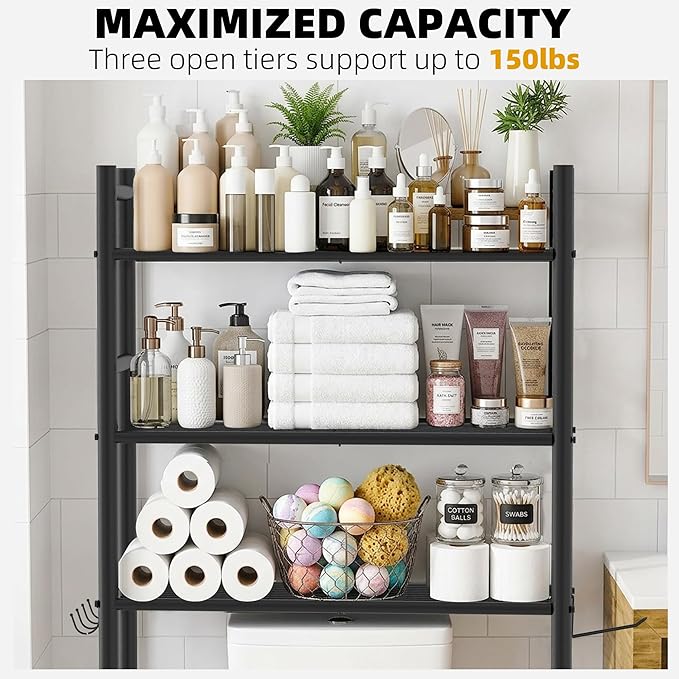 GloTika 3-Tier Over Toilet Storage with Anti-Tilt Safety System - 150lb Total Capacity Metal Bathroom Shelves Including Paper Holder & 4 Hooks, Space Saving Above Commode Organizer (64" H, Black)