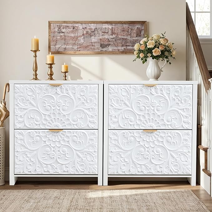 weselon Flip Drawer Shoe Cabinet Set of 2, Narrow Shoe Storage Cabinet, 2-Tier Hidden Shoe Organizer with Carved Floral for Entryway, Slim Shoes Storage for Hallway Foyer (2, White)