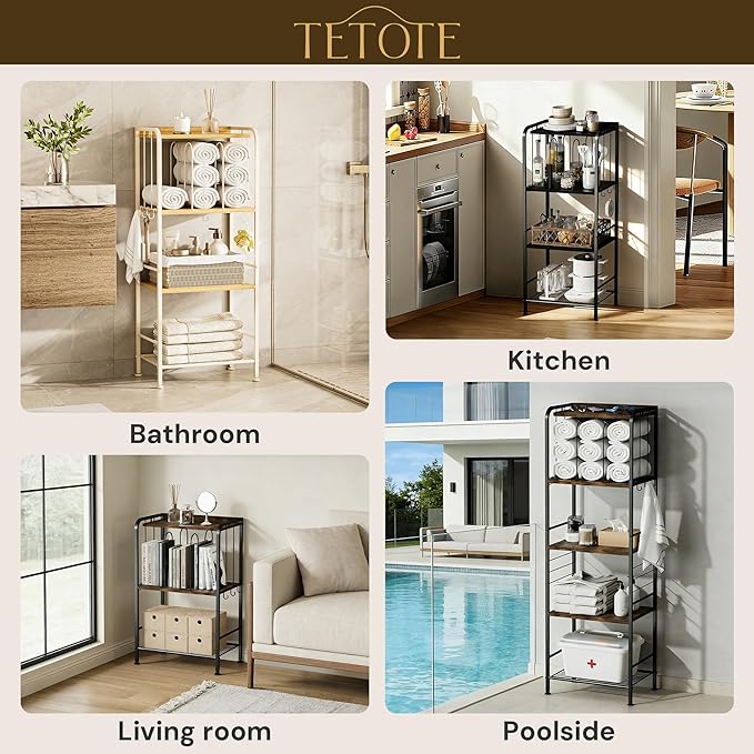 TETOTE 4-Tier Towel Rack, M-Shaped Detachable Dividers Towel Shelf with Hooks for Bathroom, Free Standing Pool Towel Holder Space-Saving Organizer, Rustic