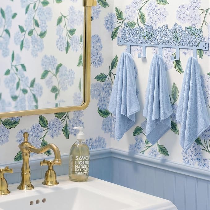 AceOrbit Blue Hydrangea Over The Door Hooks Wall Mount Towel Hanger Cute Door Holder Rack with 5 Hooks Hanging Towel, Coat Keys, Bags, Hats, Clothes for Bedroom Bathroom Kitchen Dorm Room Organizer