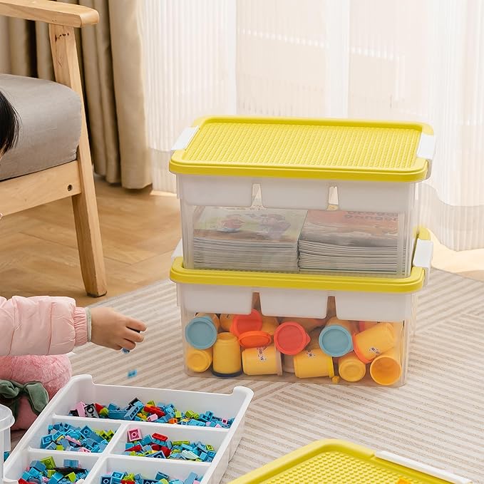 Citylife 17 QT Plastic Storage Box with Building Baseplate Lid and Removable Tray Craft Organizers and Storage Clear Storage Container for Organizing Bead, Tool, Sewing, Yellow-2 Packs