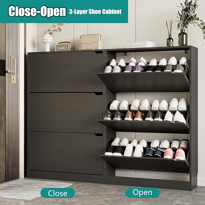 Xixini Shoe Storage Cabinet for Entryway with 3 Flip Drawers, Sturdy Wood Hidden Shoe Storage, Freestanding Narrow Slim Shoe Organizer for Front Door Entrance, Living Room, Hallway, Bedroom, Black