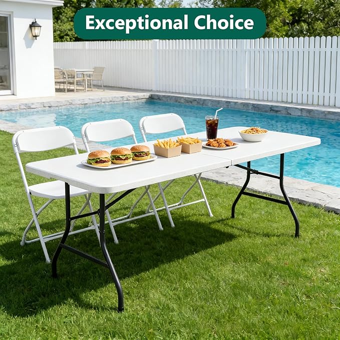 6FT Folding Table, Heavy Duty Plastic Table with Handel, 300 lbs Portable Table, Reinforced Steel Legs, Fold-in-Half Table Ideal for Parties, Picnics, Weddings, Camping White
