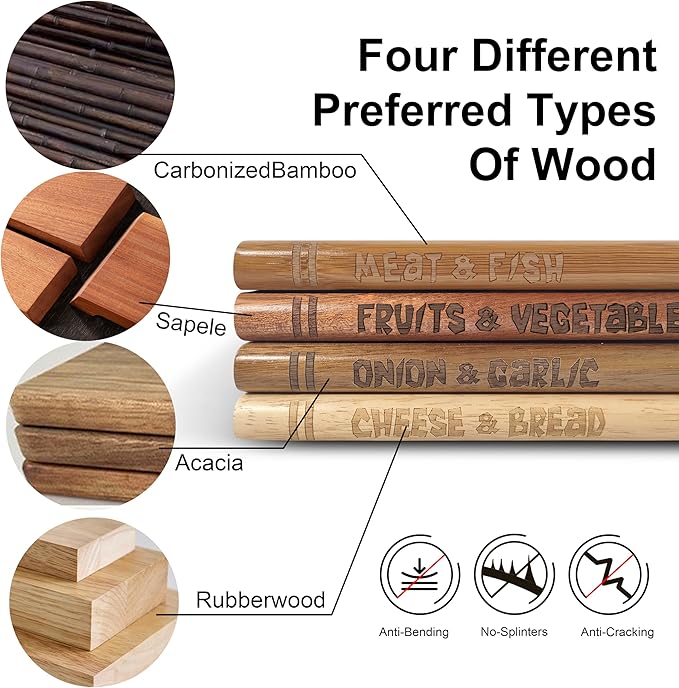 4 Pcs Book Cutting Board Set With Magnetic Knife Holder,Non Toxic Book Wood Cutting Boards With Labels,Made Of Four Different Solid Woods,Chopping Board For Kitchen Decoration (No Knives)(4)