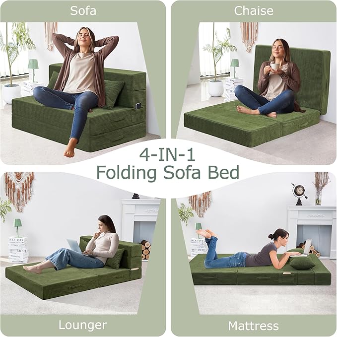 Folding Sofa Bed, 4 in 1 Convertible Sleeper Chair with Pillow, Twin Memory Foam Fold Out Chair Bed, Modern Floor Futon Sofa Couch Mattress for Living Room/Guest/Apartment, Green
