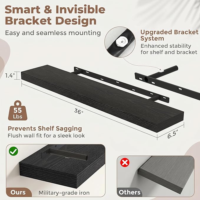 Venusmiles Floating Shelves for Wall, 36 Inch Floating Shelves Set of 2, 6.5" D Wooden Wall Mounted Display Shelves with Invisible Brackets for Living Room, Bedroom, Bathroom, Kitchen Decor, Black
