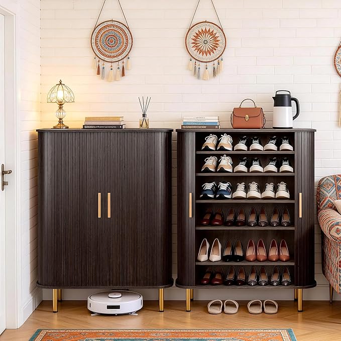 DHH Shoe Storage Cabinet with Sliding Door, 6-Tier Shoe Cabinet with Adjustable Shelves, Modern Freestanding Shoe Storage Organizer for Entryway, Hallway, Living Room (Dark Walnut, 31.5 ")