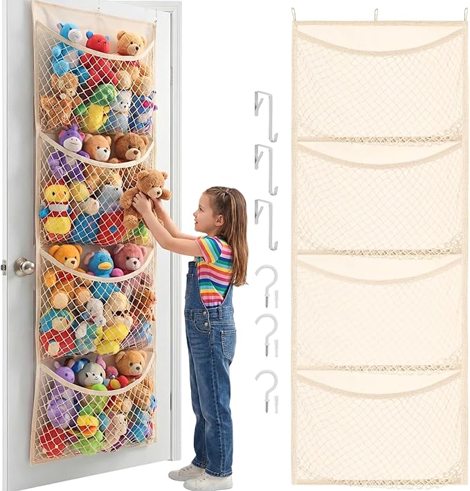 Wide Over The Door Stuffed Animal Storage, Cotton Toy Organizer for Plush Toys, Baby Supplies, Stuffed Animal Holder with 4 Large Pockets, Hanging Door Organizer for Nursery, Bedroom, Kids Room