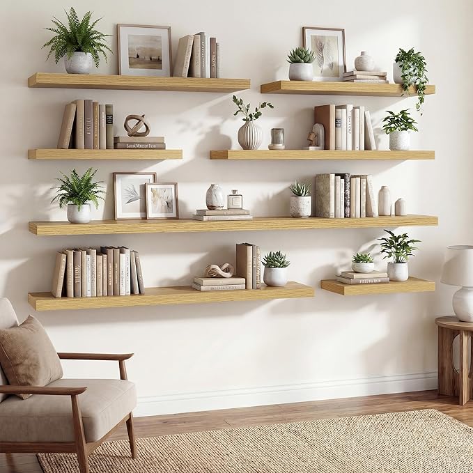 Acovy Floating Shelves for Wall,40 Inch Long Floating Shelves Set of 2,9.3" Deep Floating Shelf for Home Decor,Wall Mounted Bookshelf Large Display Storage Shelf for Bedroom Office Bathroom,Oak