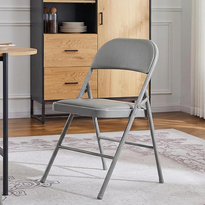 Simple Deluxe 4 Pack Folding Chairs – Padded Leather Seats, Heavy-Duty Metal Frame | Collapsible & Lightweight for Indoor/Outdoor Events, Home, Office, Grey