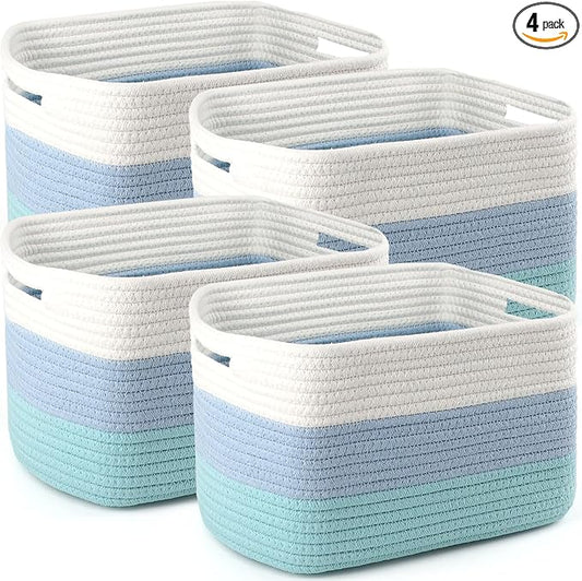 4 Pack Storage Baskets for Organizing, 12''Lx9''Wx8''H Woven Baskets for Storage Toys, Towels, Books, and Clothes, Cotton Rope Basket for Shelves with Handle White & Brown