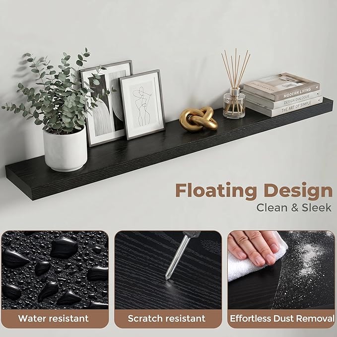 Venusmiles Floating Shelves for Wall, 48 Inch Floating Shelves Set of 2, 6.5" D Wooden Wall Mounted Display Shelves with Invisible Brackets for Living Room, Bedroom, Bathroom, Kitchen Decor, Black