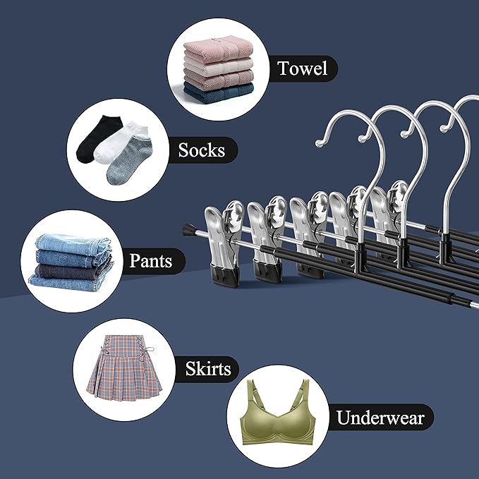 Pants Hangers with Clips for Women 120 Pack Adjustable Heavy Duty Space Saving Skirt Hangers Non-Slip Trousers, Jeans Clothes,Shorts Black,14Inch